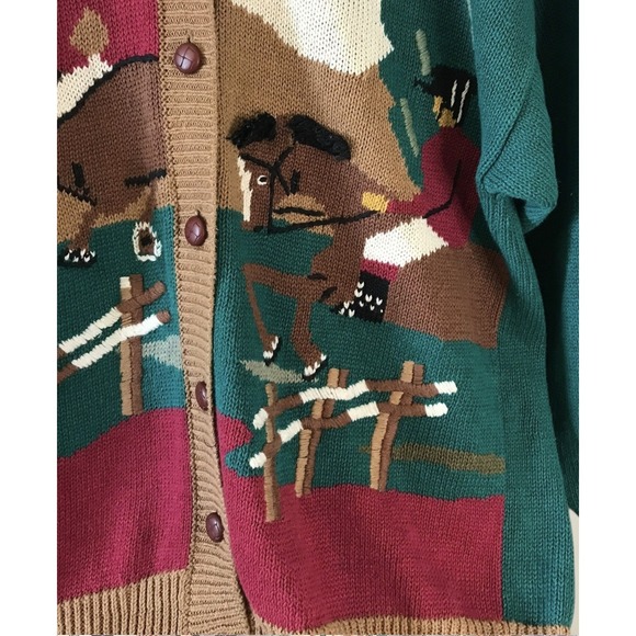 Vintage Koret 1990s Equestrian theme Horses Animal Preppy Knit Cardigan Sz Large - Picture 2 of 6